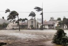 Houses and trees battered by strong winds and rain.