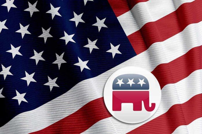 10885669 featured image American flag with Republican elephant symbol.