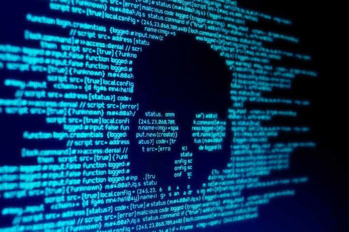 1050436496 featured image Blue code text with skull shape in center.