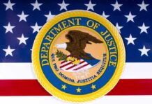 Department of Justice seal on American flag background