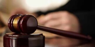 Gavel resting on a wooden sound block