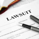 Legal document titled lawsuit with pen and book.