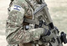 Soldier in camouflage gear with Israeli flag patch