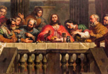 Jesus and disciples seated at a long table