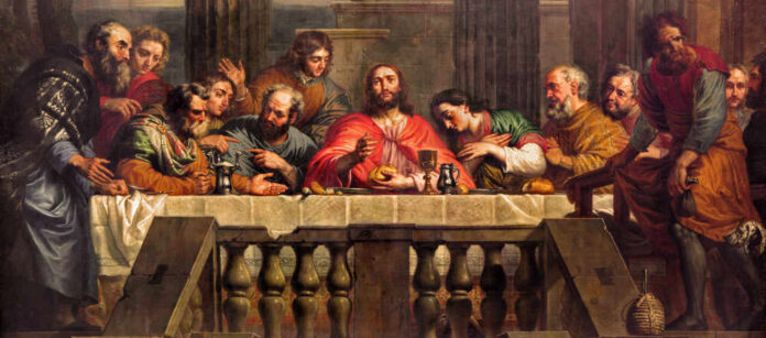 Jesus and disciples seated at a long table
