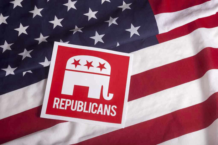 305852282 Republican symbol on American flag background