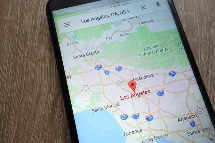 Smartphone displaying map of Los Angeles, California.