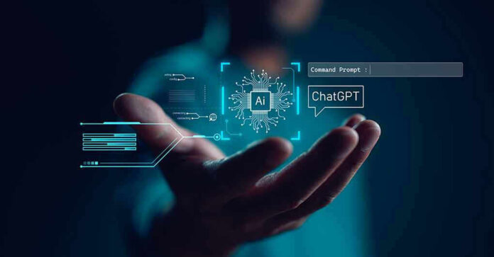 Hand holding digital AI and ChatGPT graphics.