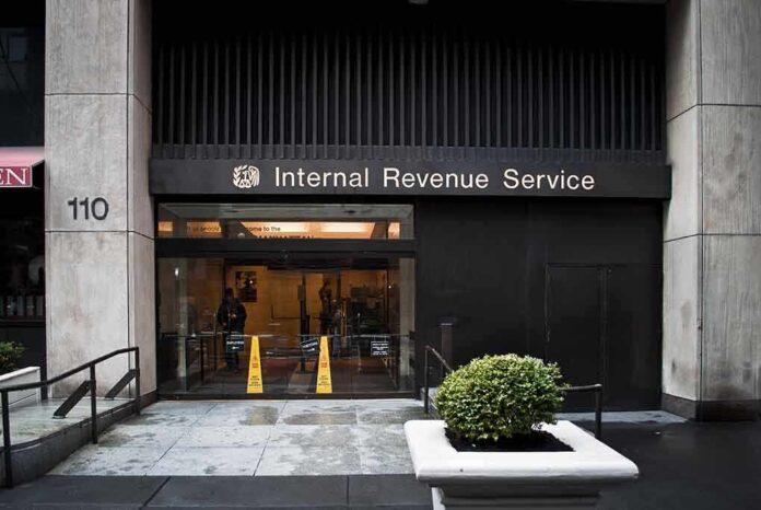 Entrance of the Internal Revenue Service office with signage
