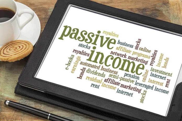 Word cloud on a tablet displaying terms related to passive income