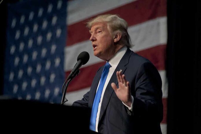 A man in a suit speaking at a podium with an American flag in the background