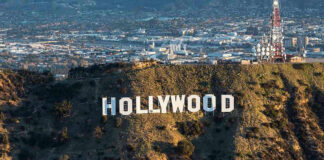 The Hollywood sign on a hillside.