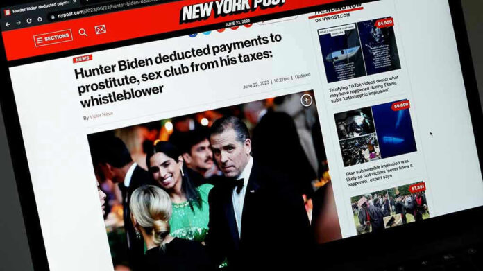 2321830985 New York Post headline about Hunter Bidens tax deductions.