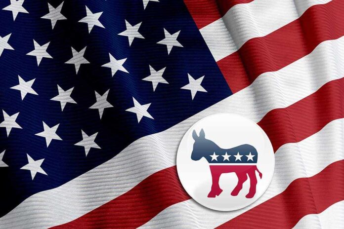 shutterstock_10885666.jpg American flag with a Democratic Party donkey symbol