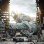 Rusted fallen statue amidst dilapidated buildings and debris