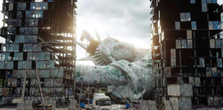 Rusted fallen statue amidst dilapidated buildings and debris