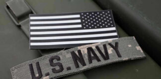 U.S. Navy patch with black-and-white American flag.