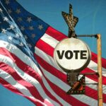 MAJOR DONOR Nixes Newsom’s 2028 Ambition A vintage Vote sign in front of an American flag