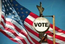 MAJOR DONOR Nixes Newsom’s 2028 Ambition A vintage Vote sign in front of an American flag