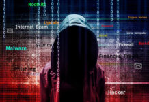 China FINALLY Linked to Scams DRAINING US Retirement Accounts Hooded figure with cybersecurity terms and binary code background.