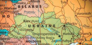 Map highlighting Ukraine and surrounding countries with city names