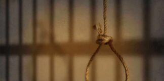 A noose hanging in front of prison bars, casting shadows