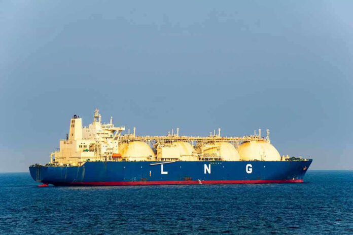 1078242305 LNG tanker ship sailing on open sea.