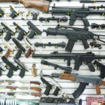 Wall display of various firearms in a store.