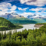 River winding through forest with mountains in background.