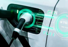 Electric car charging with futuristic display interface.