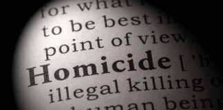 Magnified text showing definition of homicide.