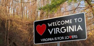 Welcome sign for Virginia with a heart symbol