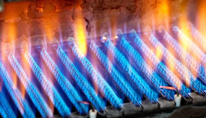 Close-up of blue flames from a gas burner