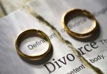 Two wedding rings placed on a torn page with the word Divorce