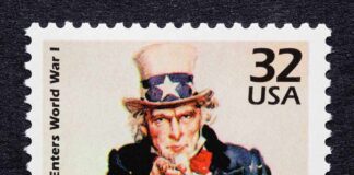 Vintage stamp featuring Uncle Sam pointing with the text I WANT YOU