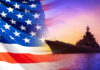Trump’s FIERY WARNING to Iran — Apocalypse NOW? American flag overlaying warship at sunset.