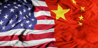 United States flag merged with China flag.
