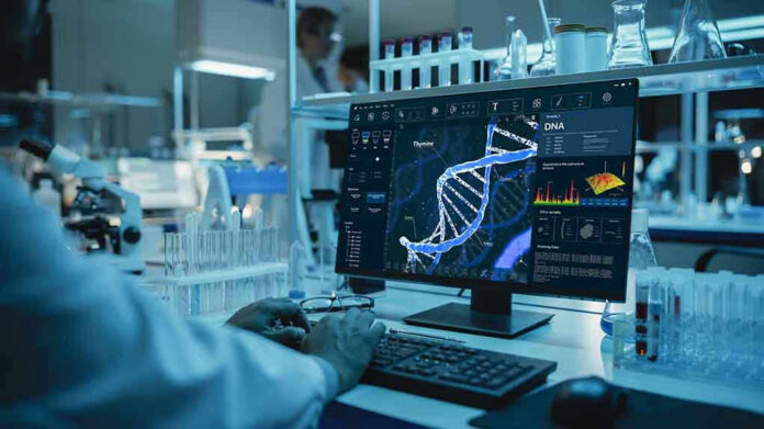1946049973 Scientist analyzing DNA on computer in laboratory