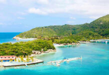 Tito’s EXOTIC Island: Now for EVERYONE Tropical beach with docks and lush green hills.