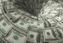Court COLLAPSE: $40 Million VANISHES in VA Gamble Hundred-dollar bills swirling into a financial vortex.