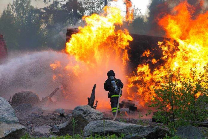 Firefighter,Trying,To,Put,Water,On,A,Big,Fire Firefighter battling a large fire with water spray