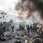 Zelenskyy SNUBS Putin’s Truce — Calls It Theatrical! A chaotic protest scene with smoke, fire, and people holding flags