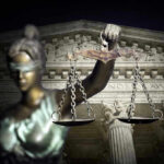 Explosive Lawsuit Puts Silicon Valley on Defense Blindfolded Lady Justice with scales, Supreme Court background.