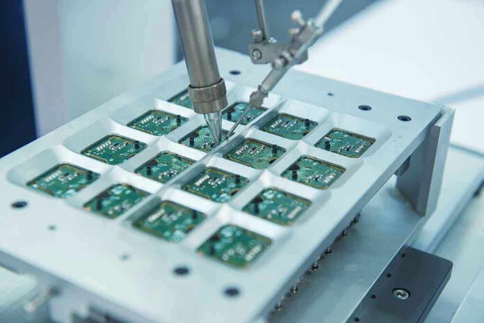 215575258 Robotic arm assembling electronic circuit boards in production.