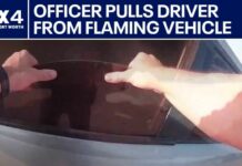 Officer Honored After Dramatic Rescue Texas police officer pulls driver from flaming vehicle
