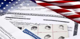 U.S. immigration and naturalization documents with American flag