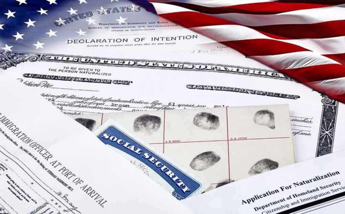 U.S. immigration and naturalization documents with American flag