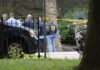FBI Investigates Fiery Attack Outside New York law enforcement officers gather at taped-off outdoor scene