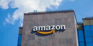 Amazon logo on modern office building facade