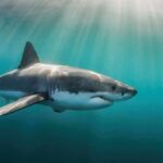 great white shark swimming in sunlit blue water